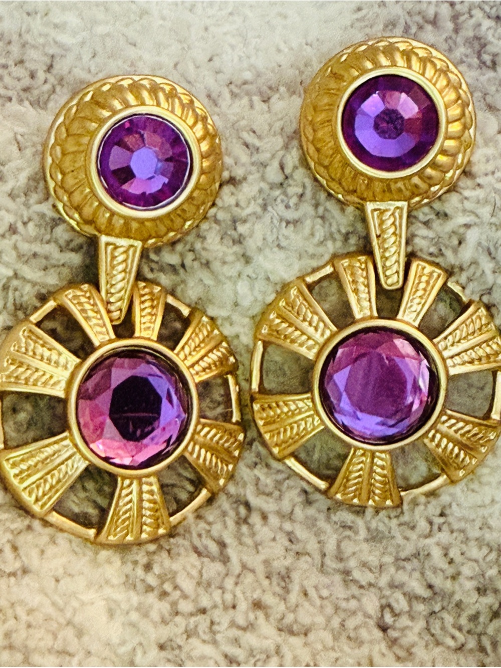 Vintage Robert Rose Museum Gold Purple Crystal Roman Dangle Disc Earrings - Post - Picture 9 of 11